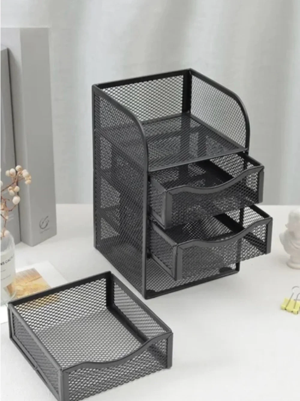 2Pcs 3-Drawer Metal Mesh Caddy Office Supplies Jewelry Desktop Storage Organizer